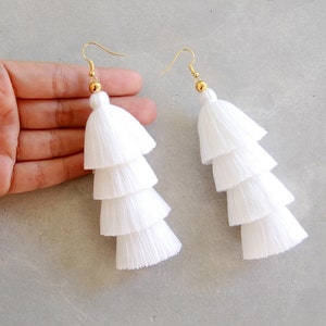 Pure White Four Tiered Tassel Earrings image 4