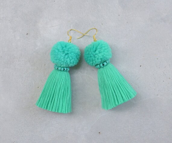 Green pom pom earrings clearance