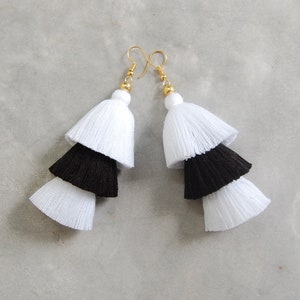 Black & White Three Tier Tassel Earrings