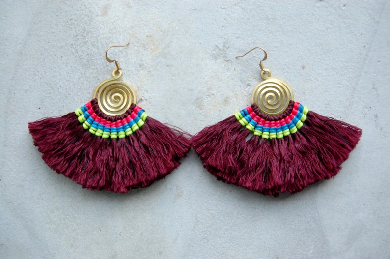 Spiral Maroon Fan Tassel Earrings image 1