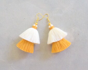 White & Mustard Yellow Tassel Earrings