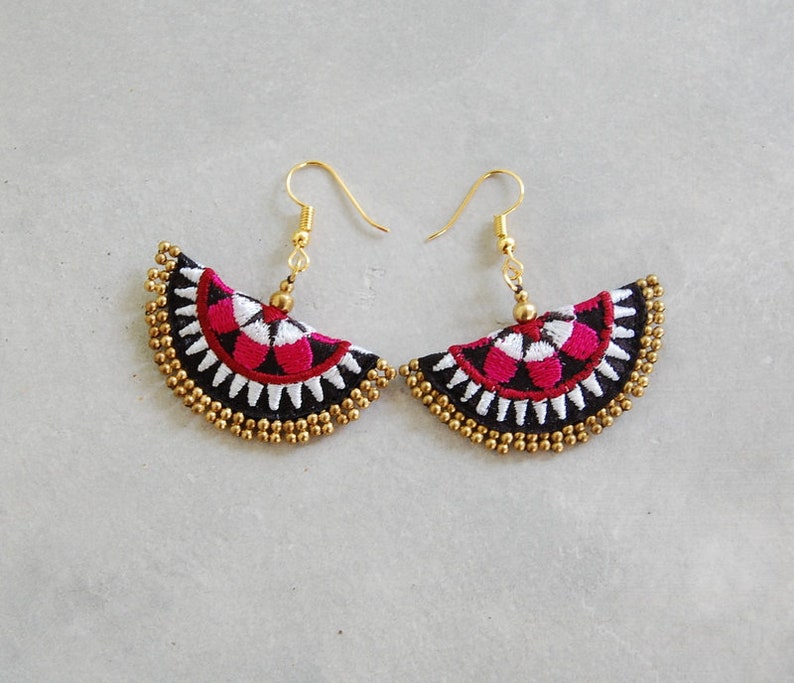 Beaded Black Pink Earrings with Hmong Embroidery