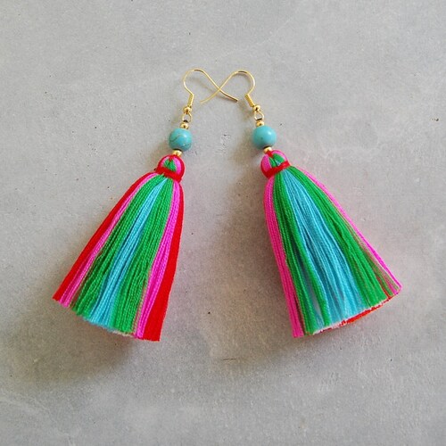 Red Tassel Earrings With Turquoise Beads Etsy UK