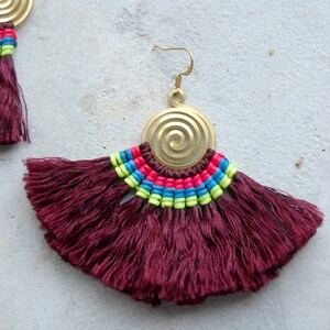 Spiral Maroon Fan Tassel Earrings image 2