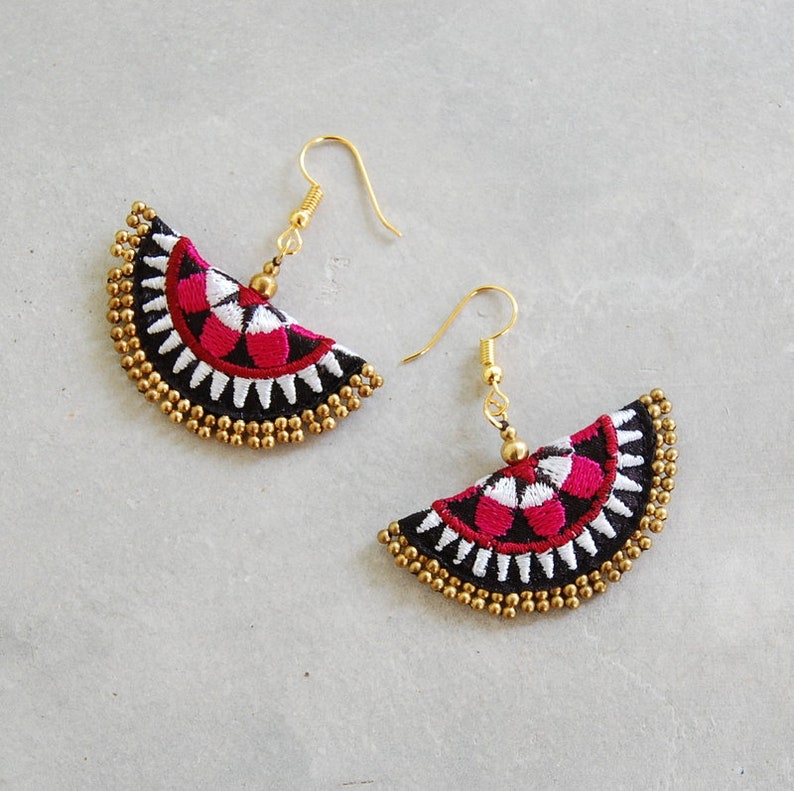 Beaded Black Pink Earrings with Hmong Embroidery