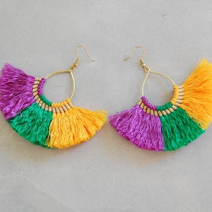 Large Mardi Gras Fan Tassel Earrings
