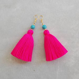 Hot Pink Tassel Earrings with Turquoise Beads