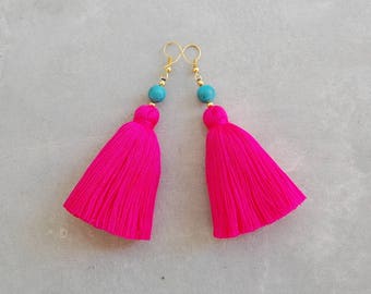 Hot Pink Tassel Earrings with Turquoise Beads