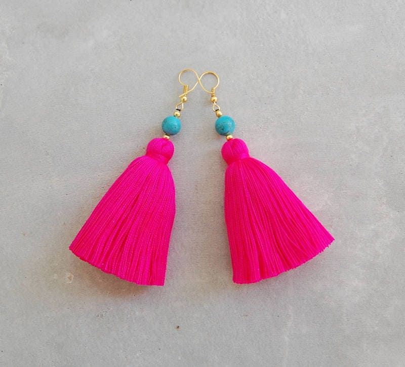 Hot Pink Tassel Earrings with Turquoise Beads Etsy