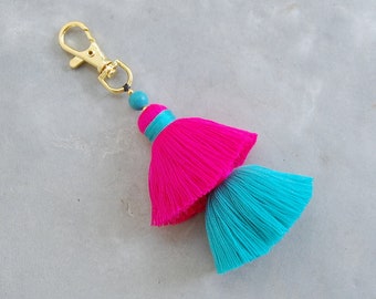 Hot Pink & Turquoise Tassel Zipper Pull  Keychain