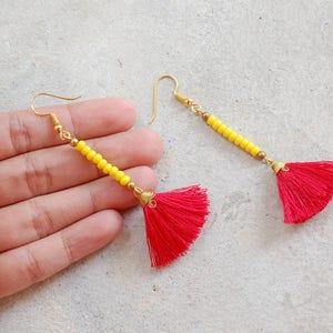 Mini Red Tassel Earrings With Yellow Beads - Etsy