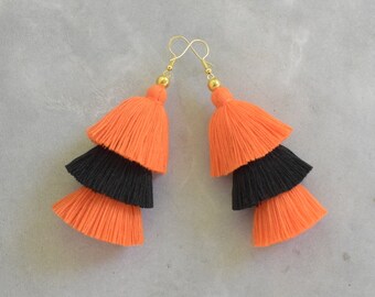 Handmade Orange & Black Tassel Earrings