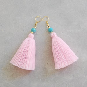 Baby Pink Tassel Earrings with Turquoise Beads