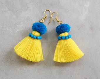 Mini Light Yellow Tassel Earrings with Blue Pom Poms