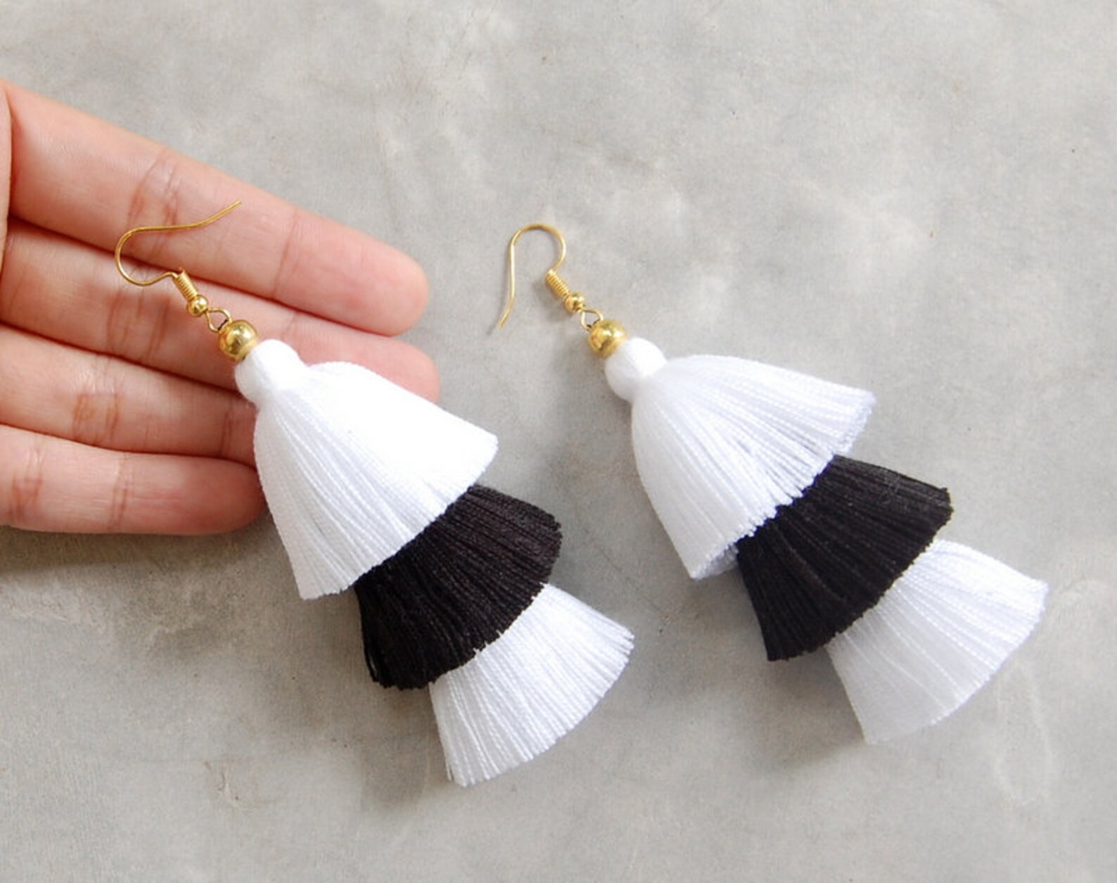 Black & White Three Tier Tassel Earrings Etsy