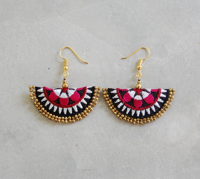 Beaded Black Pink Earrings with Hmong Embroidery