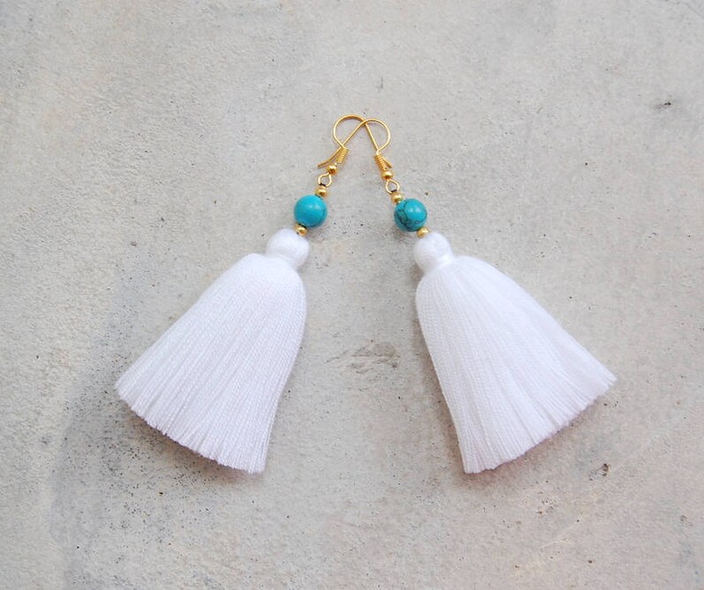 Pure White Tassel Earrings With Turquoise Beads Etsy