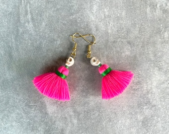 Mini Neon Pink Halloween Tassel Earrings