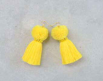 Yellow Pom Pom Tassel Earrings
