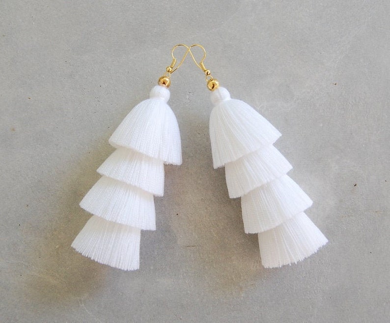 Pure White Four Tiered Tassel Earrings 4 Tiers