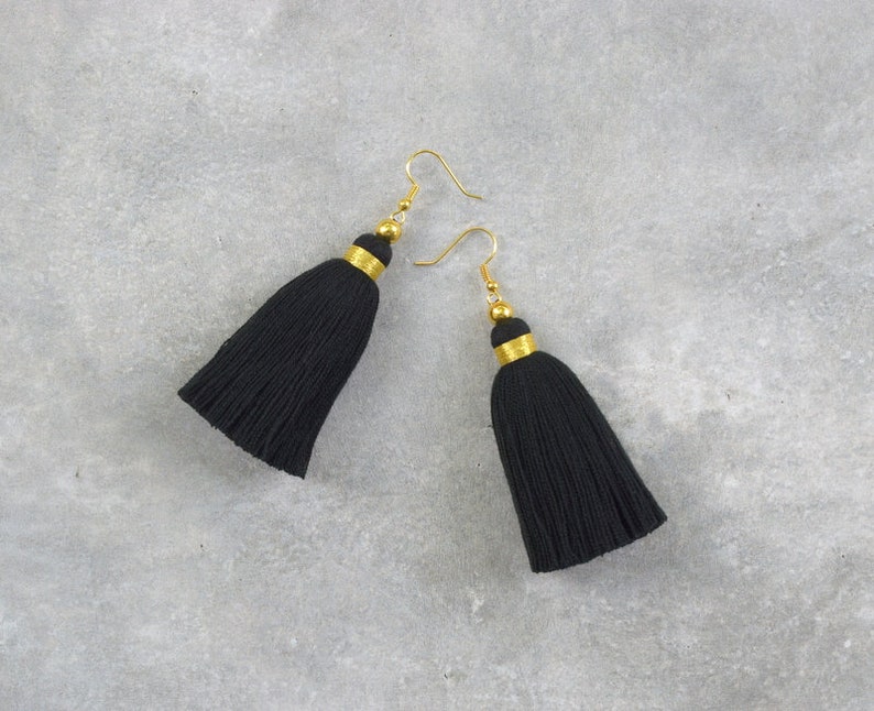 Black Tassel Earrings with Gold Beads | Etsy