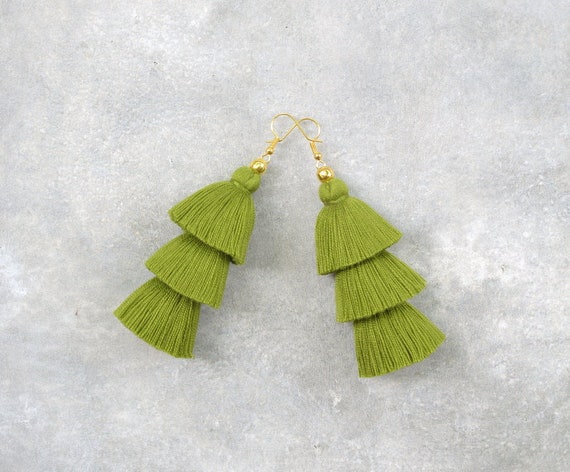 Xander Kostroma Gold Tone & Sage Green Tassel Drop Earrings | Kaleidoscope