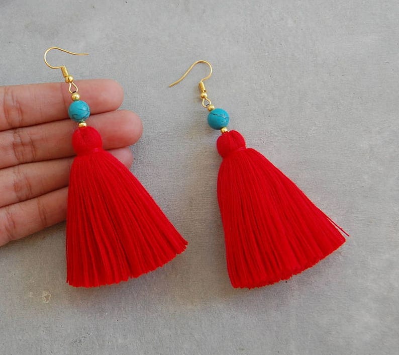 Red Tassel Earrings With Turquoise Beads Etsy