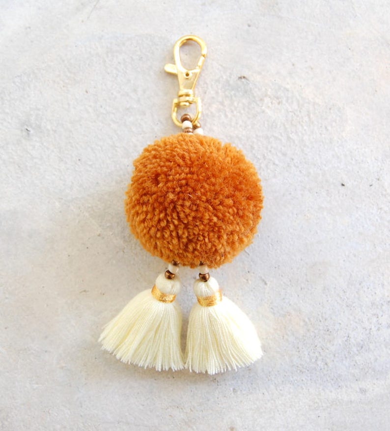 Light Brown Pom Pom Keychain with Ivory Tassels Etsy