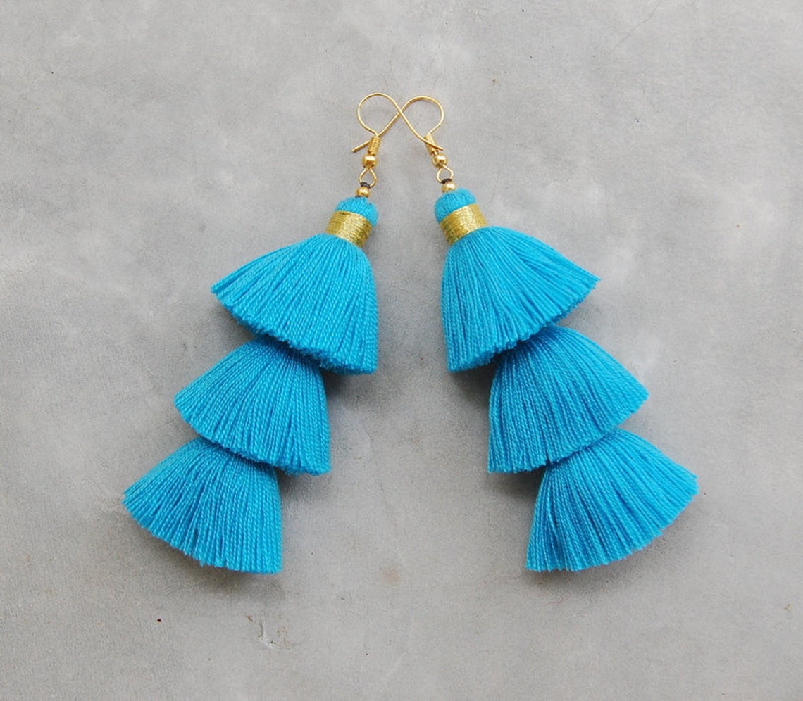 Light Blue Three Layered Tassel Earrings Etsy