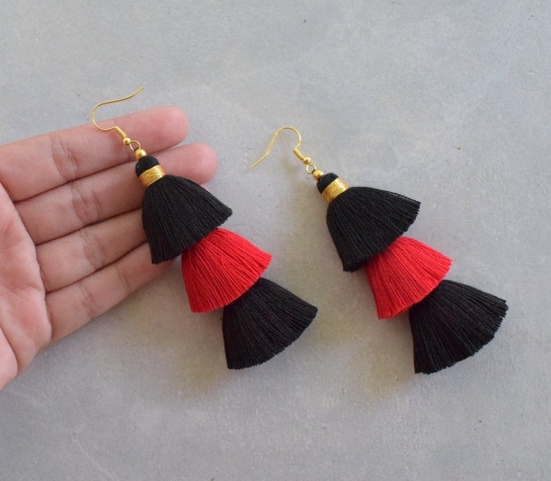 Black & Red Tassel Earrings image 4
