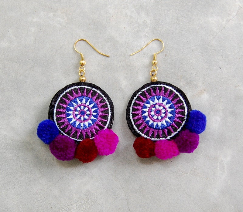 Purple Pom Pom Earrings with Hmong Embroidery | Etsy