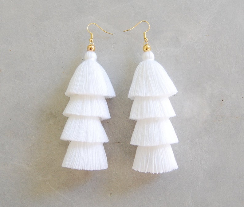 Pure White Four Tiered Tassel Earrings image 2