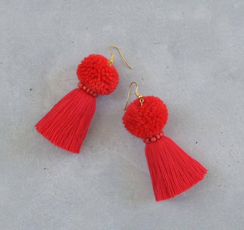 Red Tassel Earrings With Pom Poms Etsy