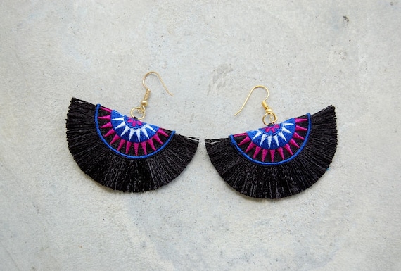 Tribal Embroidered Black Tassel Earrings