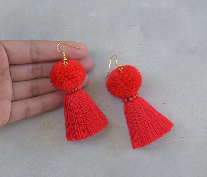 Red Tassel Earrings With Pom Poms Etsy