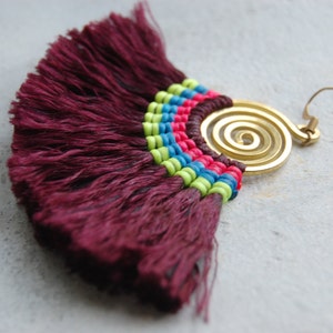 Spiral Maroon Fan Tassel Earrings image 3