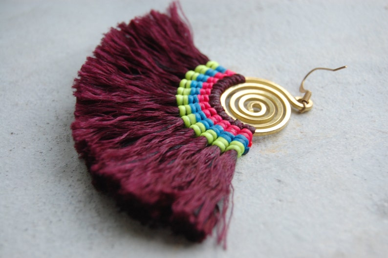 Spiral Maroon Fan Tassel Earrings image 3