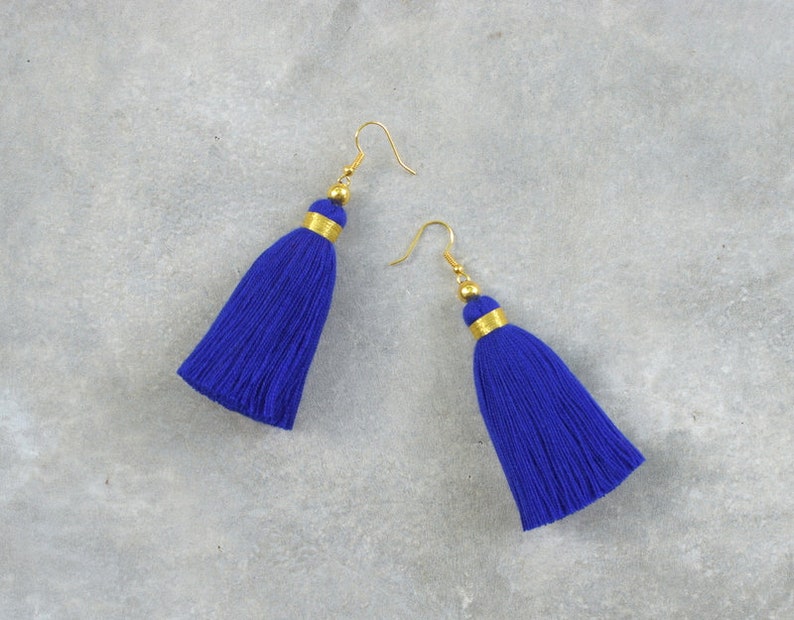 Navy Blue Tassel Earrings With Gold Beads Etsy