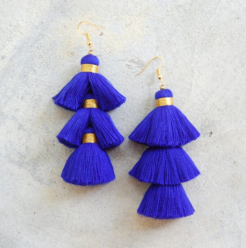 Handmade Navy Blue 3 Tiered Tassel Earrings Etsy