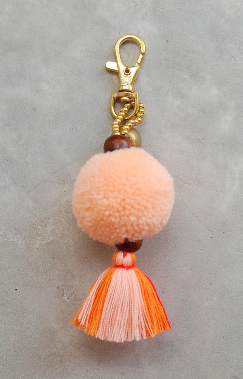Light Orange Pom Pom Tassel Bag Accessory with Brass Bell image 2