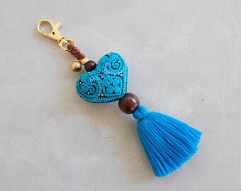 Blue Embroidered Heart Tassel Bag Charm & Keychain