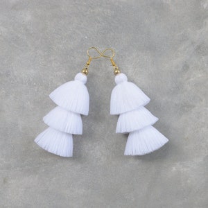 Pure White Four Tiered Tassel Earrings 3 Tiers