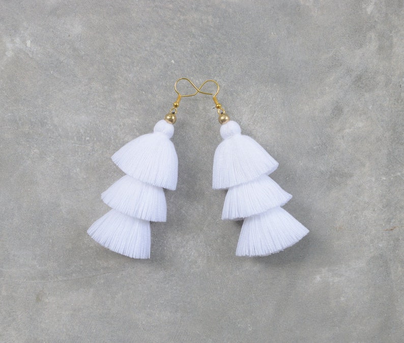 Pure White Four Tiered Tassel Earrings 3 Tiers