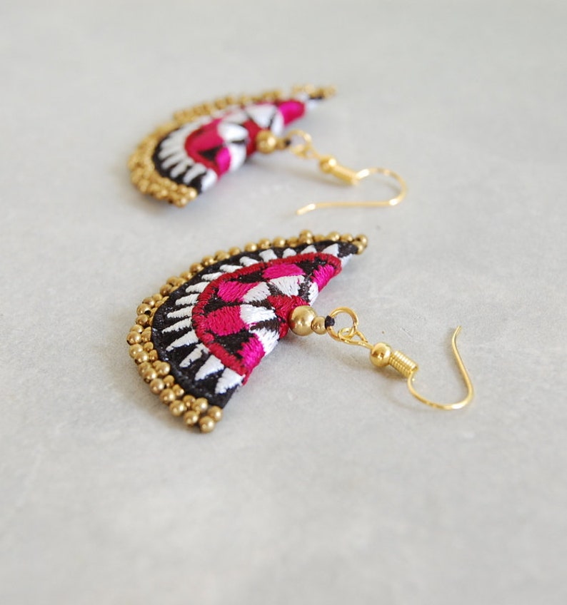 Beaded Black Pink Earrings with Hmong Embroidery