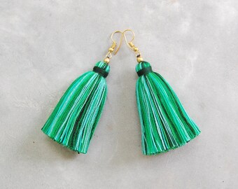 Handmade Green Striped Tassel Earrings