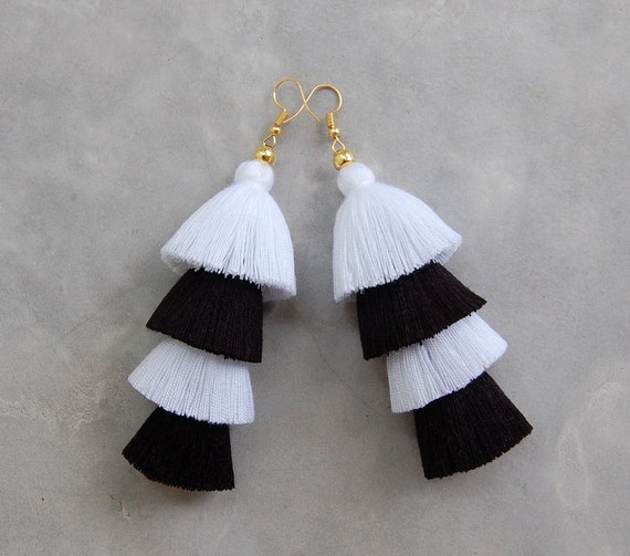 Black & White Four Tier Tassel Earrings Etsy