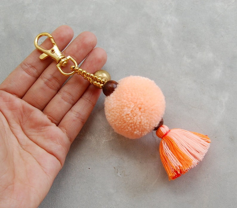 Light Orange Pom Pom Tassel Bag Accessory with Brass Bell image 4