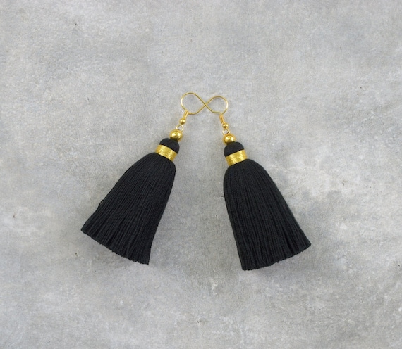 Black Tassel Earrings with Gold Beads | Etsy