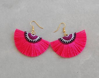 Small Hot Pink Hmong Embroidery Earrings