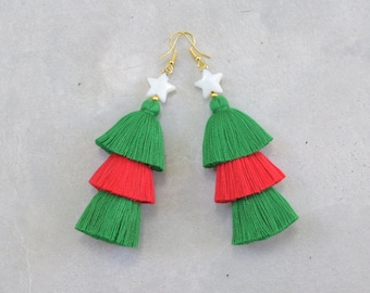 Handmade Red & Green Christmas Tassel Earrings
